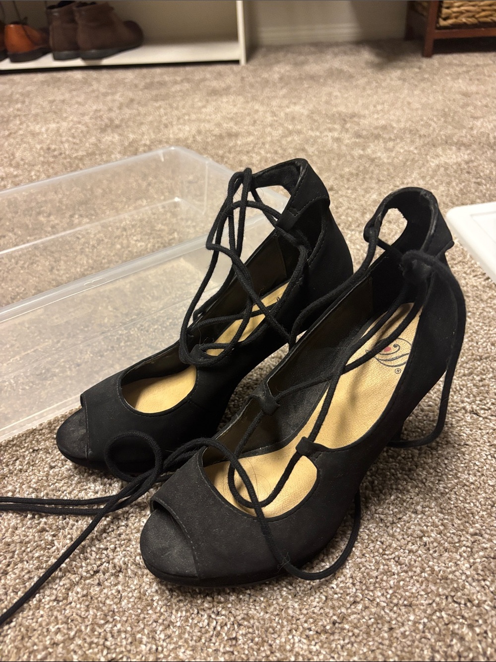 Black Lace-Up Peep-Toe Heels